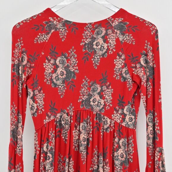 FREE PEOPLE Top Womens Size XS Speak Easy Red Floral V Neck Bell Sleeve Babydoll - Picture 5 of 12